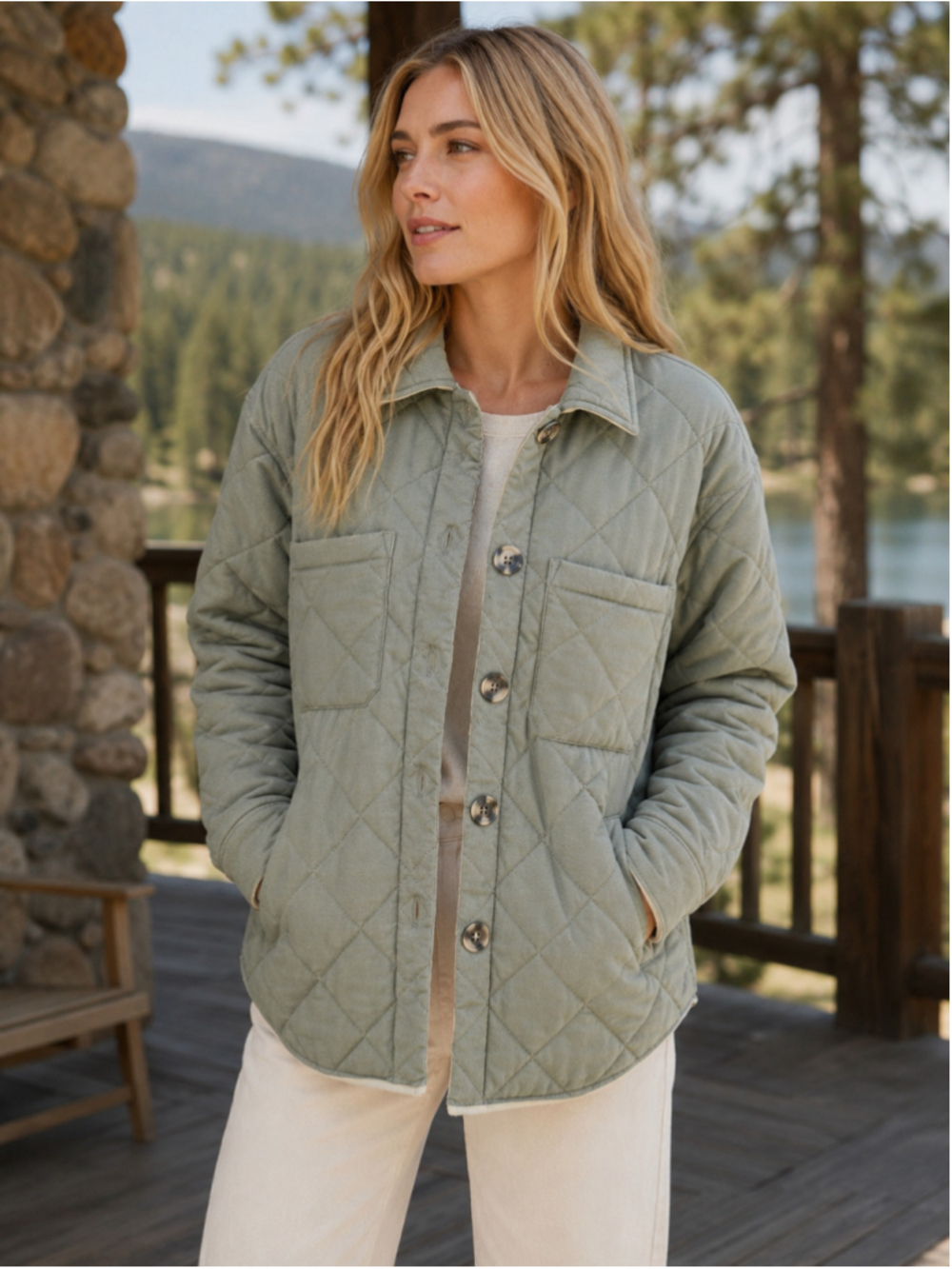 Z Supply Jacket Women M Quilted Button Front Cozy Cabincore Gorpcore Sage Green